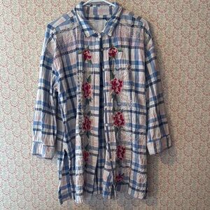 Johnny Was! Blue and White Plaid Shirt with Pink Floral Embroidery